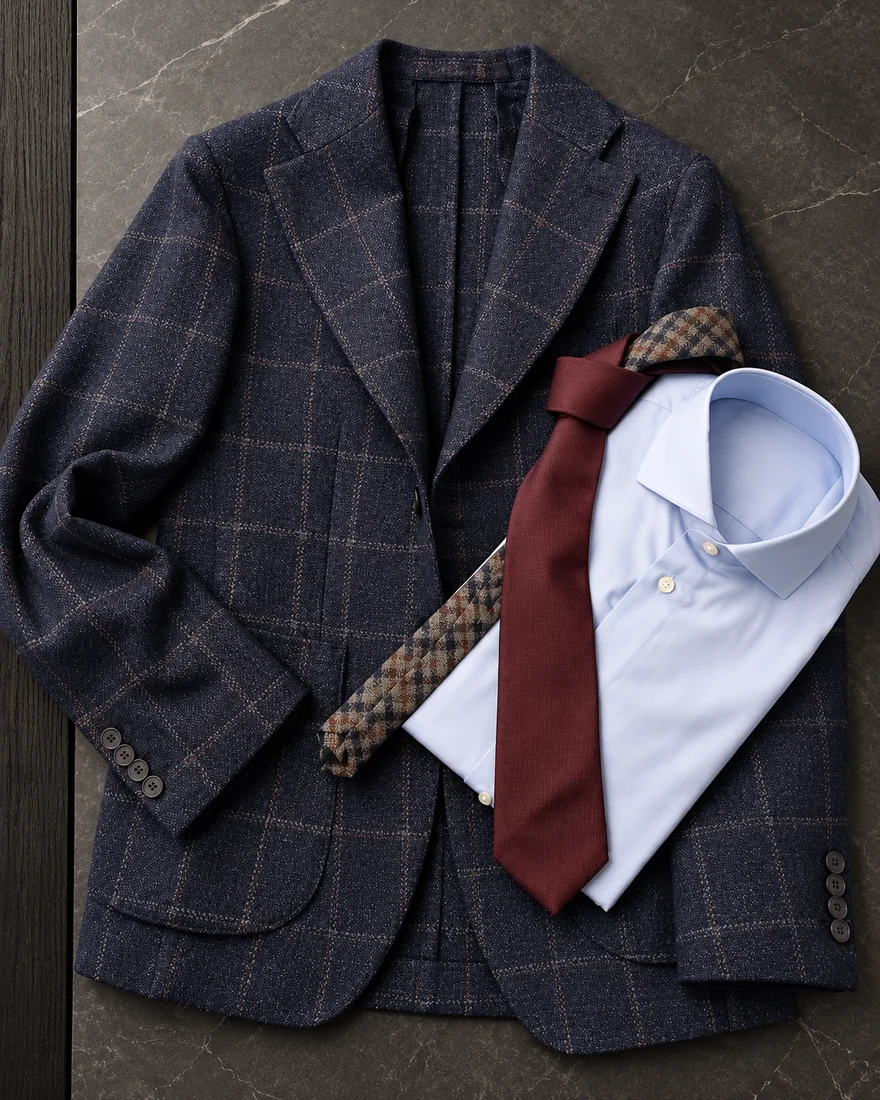 Giacca blu a quadri con camicia azzurra e cravatta bordeaux