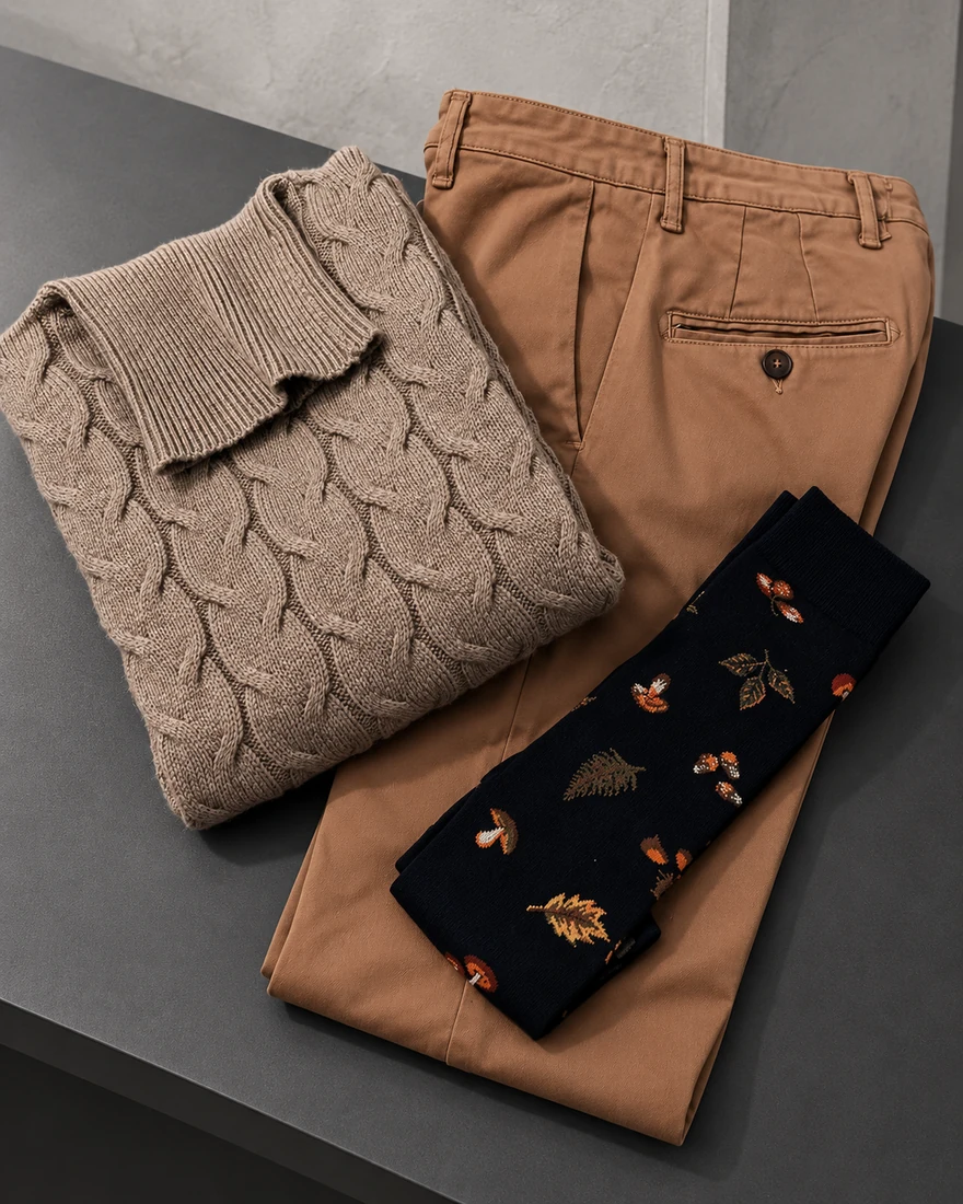 Maglia a trecce, pantalone tabacco e calze fantasia coordinati